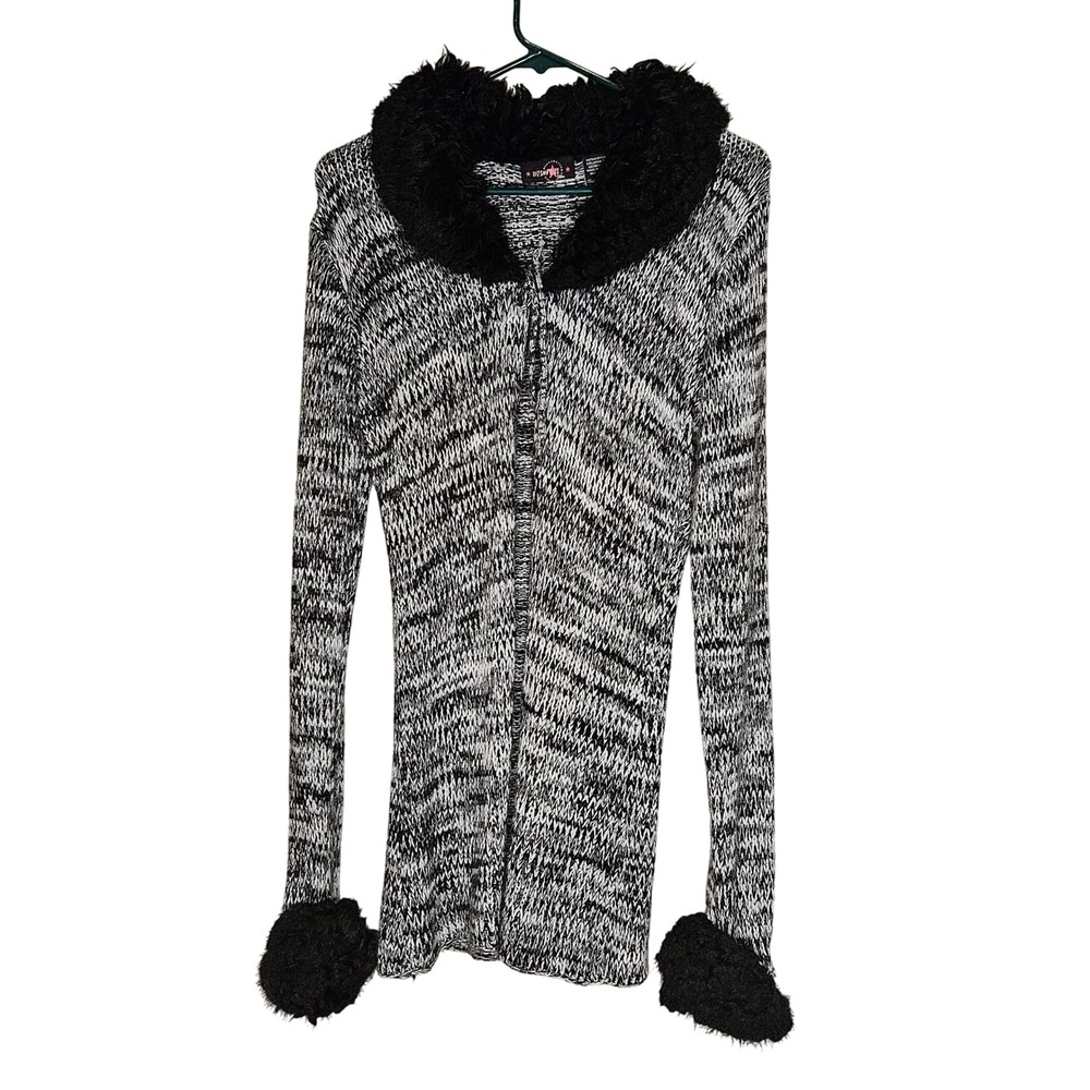 Y2K Wishlist Chunky Knit Fur Trimmed Cardigan Med Sweater Boho Whimsygoth